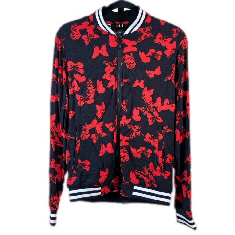 Cactus Man Retro Unisex Butterfly Zip Bomber Jacket Red Black Streetwear Small - Picture 3 of 10